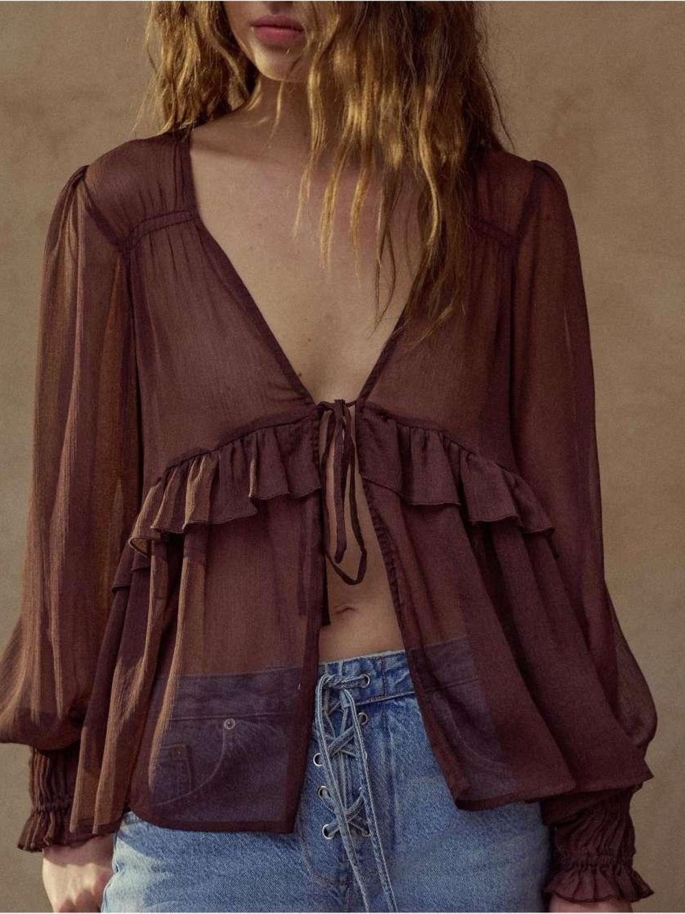 Pull&Bear Women's Brown Sheer Blouse With Ruffle size Small NTW
